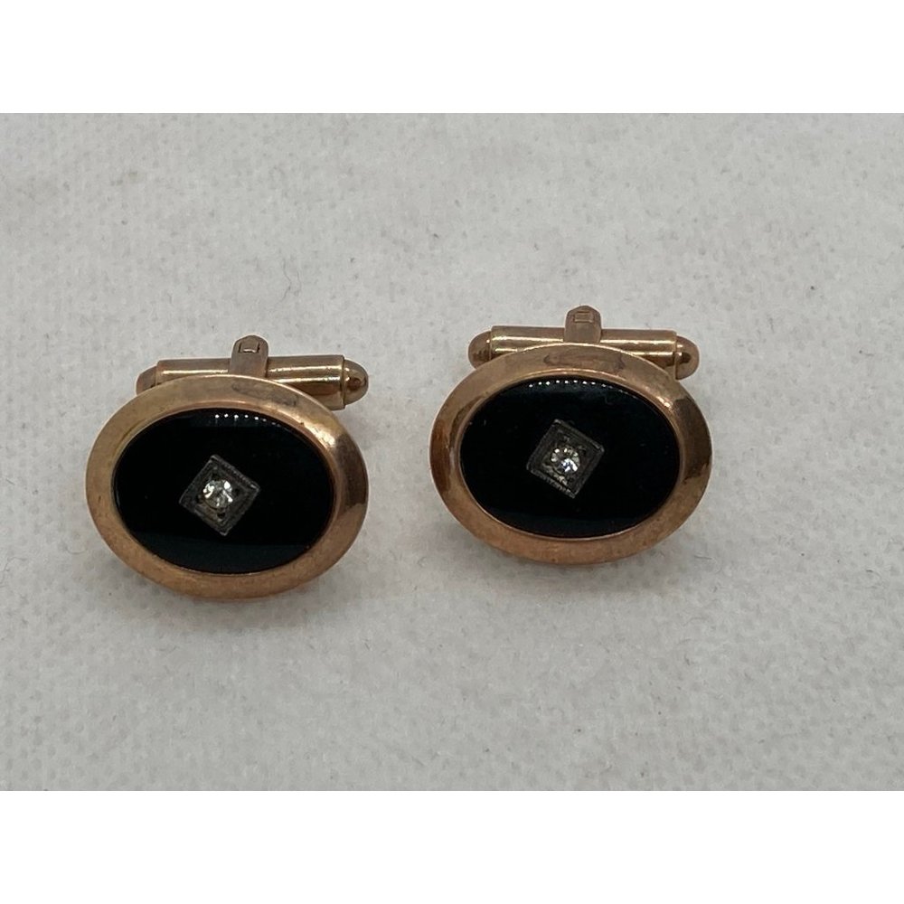 VINTAGE CUFFLINKS 1950S 1/20 12K GOLD FILLED BLACK WITH SILVERTONE STONE